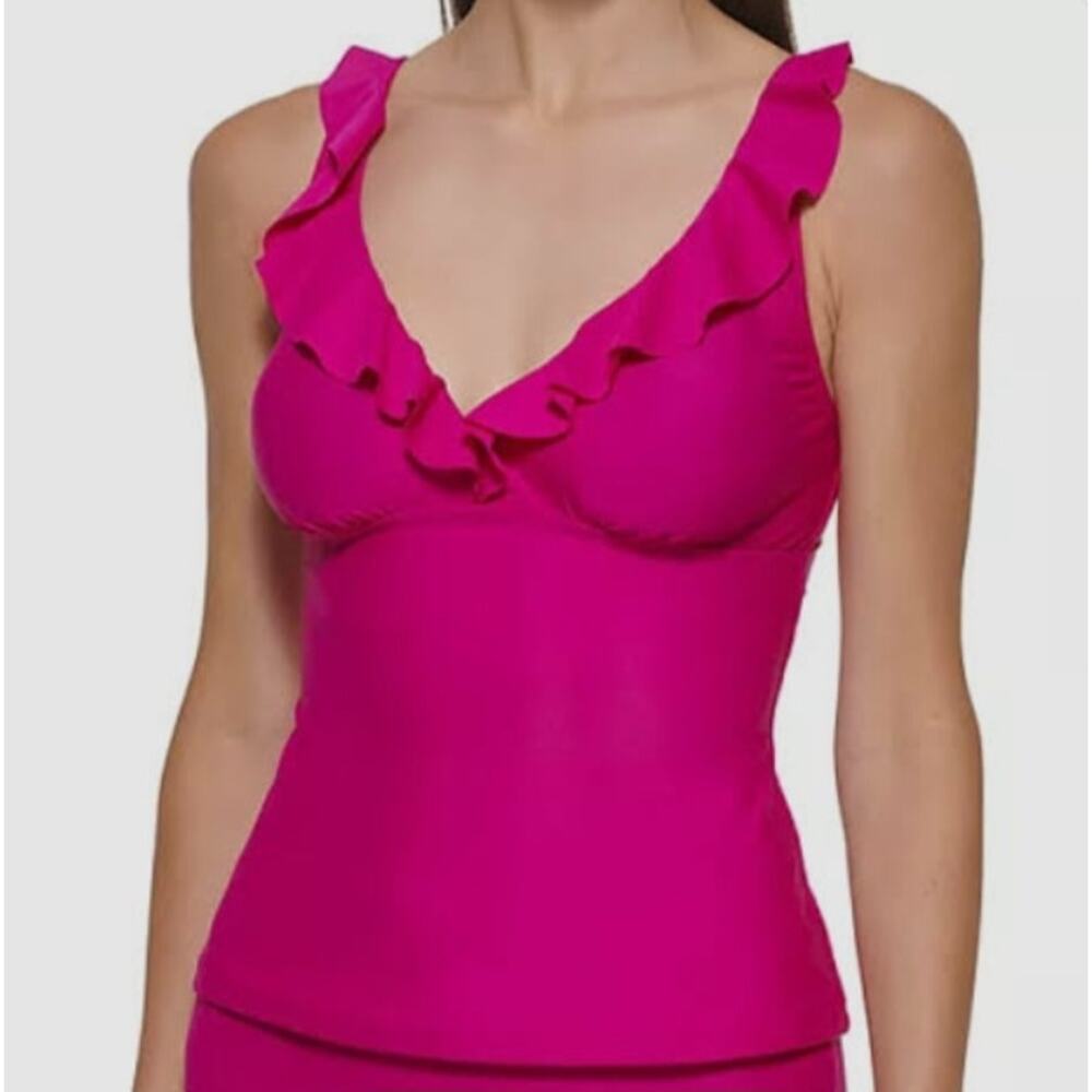 DKNY Womens V-Neck Ruffle Tankini 4-Way Stretch Fusha Size XL Spf protection NWT